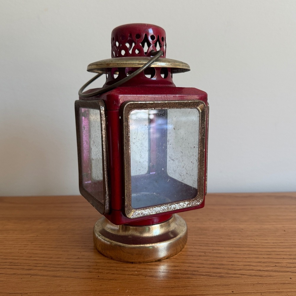 Vintage Red Metal and Brass Glass Pane Lantern Candle Holder Made in Hong Kong